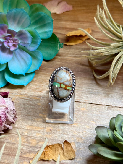 Adjustable sterling silver ring with large Royston Ribbon turquoise stone one of a kind
