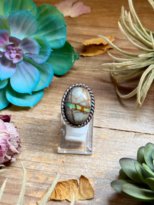 Adjustable sterling silver ring with large Royston Ribbon turquoise stone one of a kind
