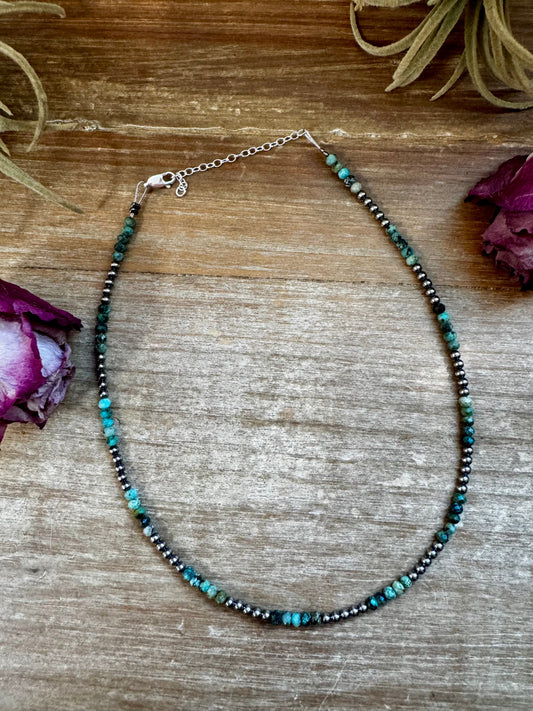 14-inch choker with 3mm sterling silver pearls and faceted African turquoise beads, handmade by The Bijoux FAB in the USA