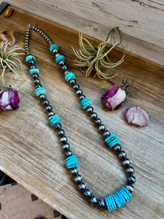 35-inch necklace with 8mm and 14mm sterling silver pearls and 20mm blue turquoise rondelle, handmade by The Bijoux FAB in the USA