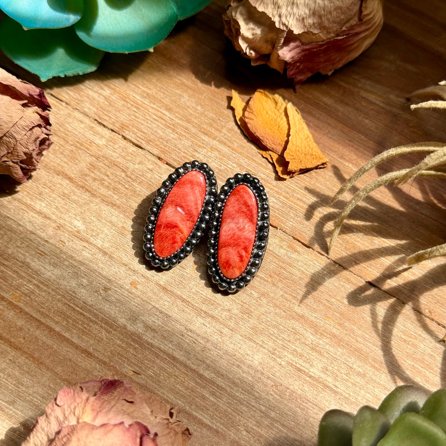 MJ Red Spiny Oyster Long Oval Stud Earrings with Beaded Wire