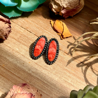 MJ Red Spiny Oyster Long Oval Stud Earrings with Beaded Wire