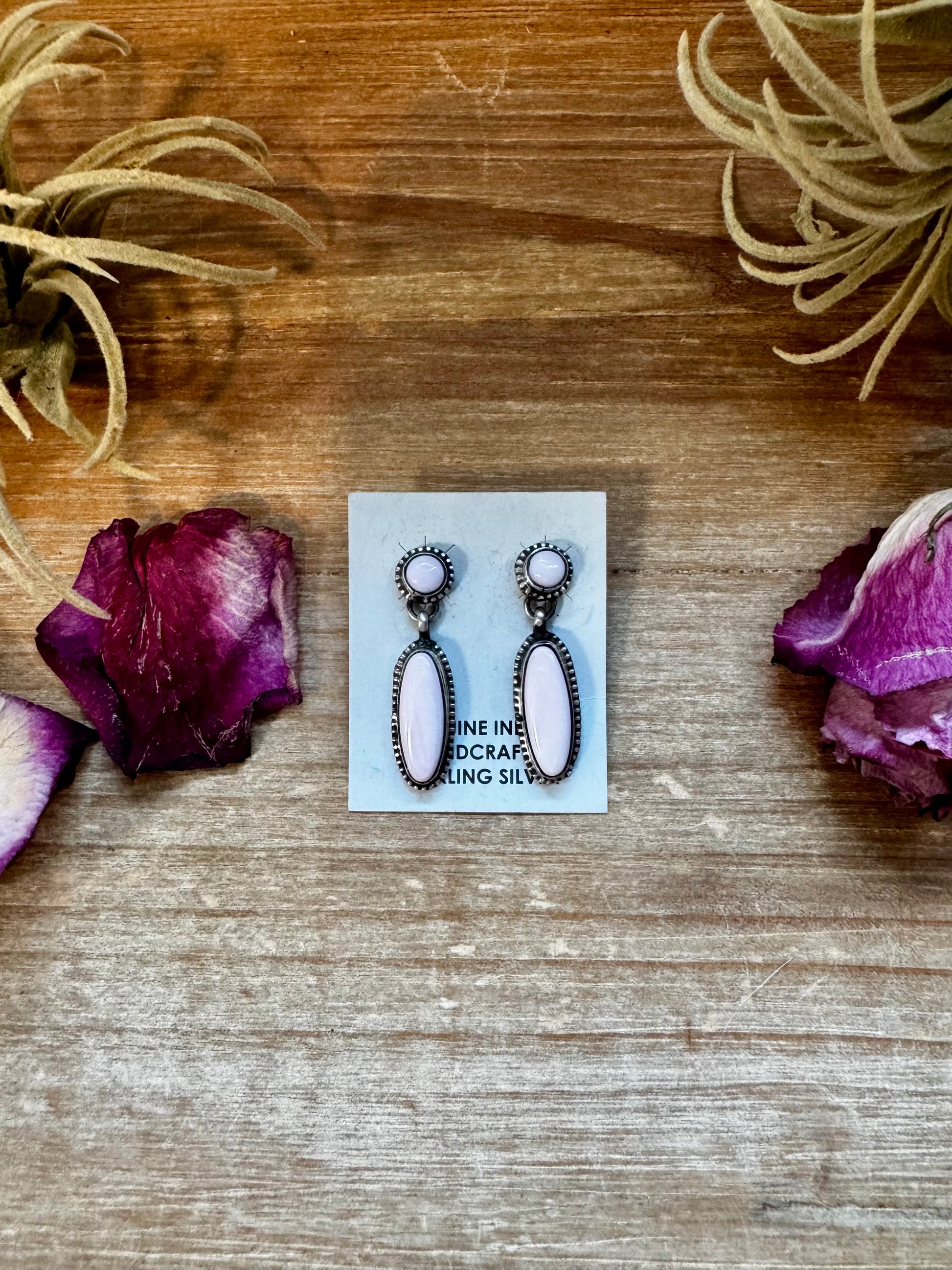 Sterling silver stud earrings with pink conch stud top and pink conch dangle, handmade by Marcella James in the USA