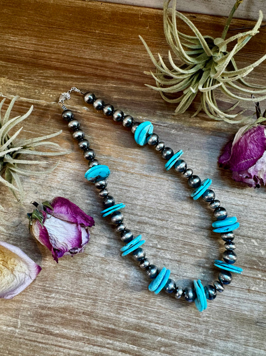 17-inch sterling silver pearl necklace with 20mm blue turquoise rondelle, handmade by The Bijoux FAB in the USA, NFR Collection

