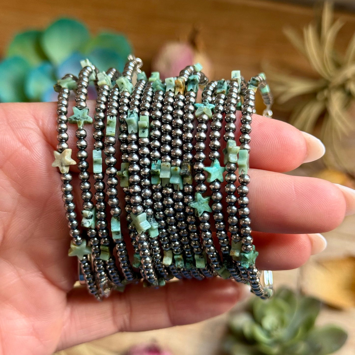 African Turquoise Onyx Star Bracelet with Sterling Silver Pearls