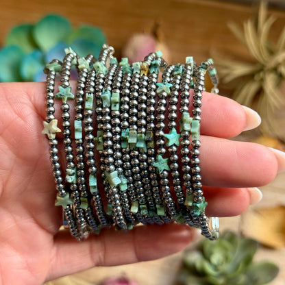 African Turquoise Onyx Star Bracelet with Sterling Silver Pearls