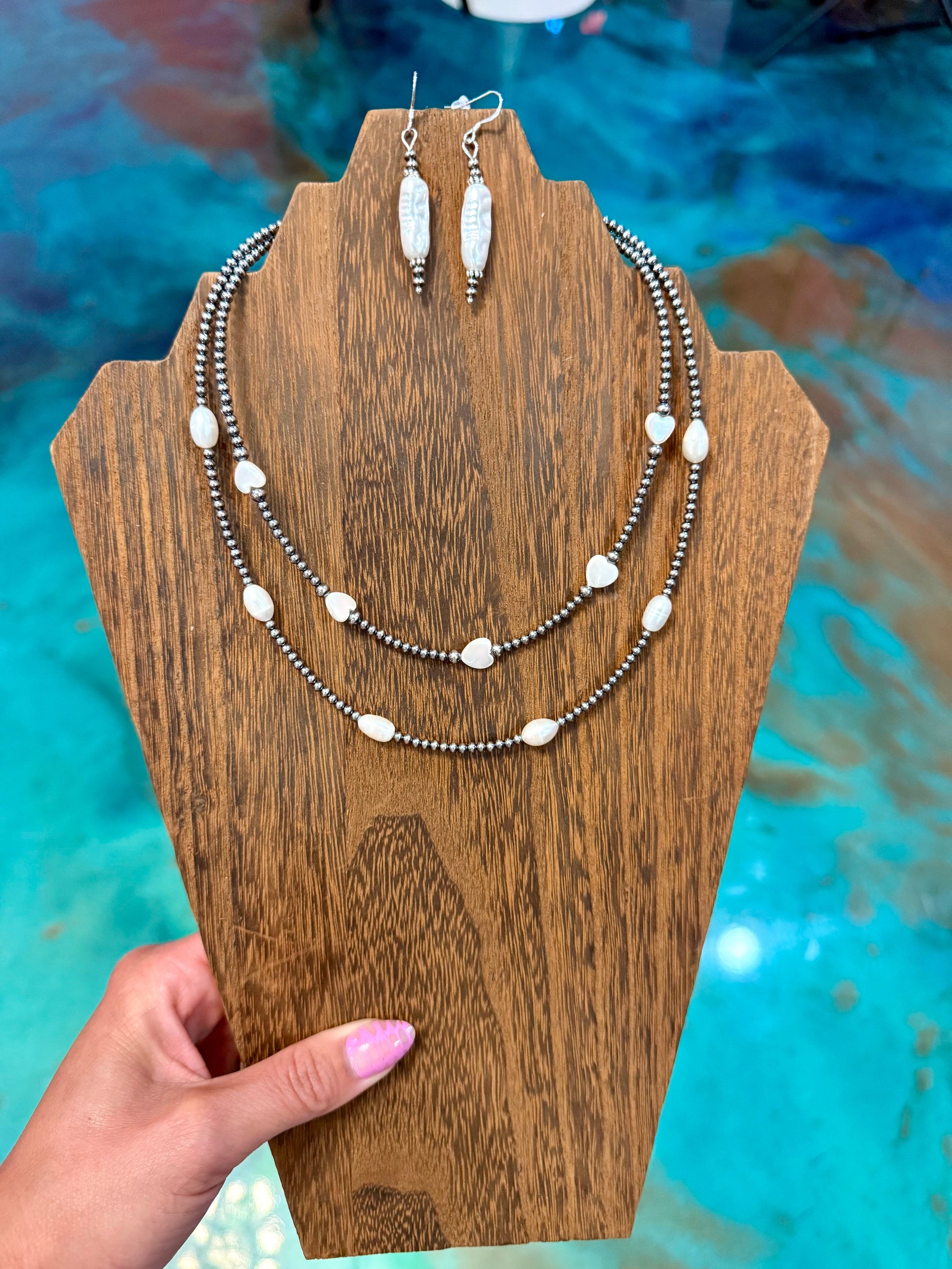 Freshwater pearl and mother of pearl layered necklace set with matching earrings handmade in the USA by The Bijoux FAB