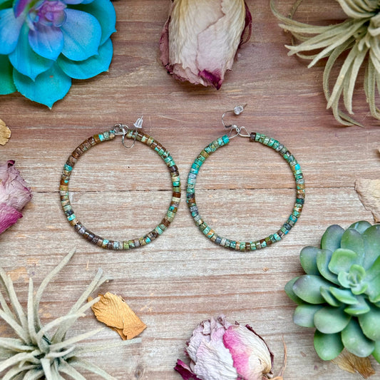 Large turquoise heishi hoop earrings with sterling silver hooks handmade by The Bijoux FAB