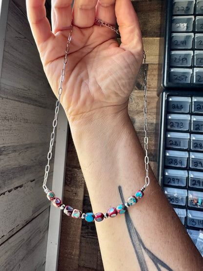 Paperclip Chain Necklace – 4mm Sterling Silver Pearls & Pink-Blue Sea Sediment – 16.5"