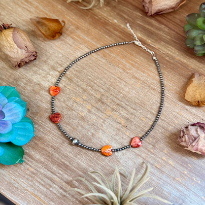 Orange/Red Shell Heart & Sterling Silver Pearl Necklace - 15 inch