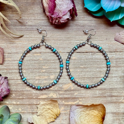 3 inch silver plated hoop earrings with blue variscite turquoise handmade by The Bijoux FAB