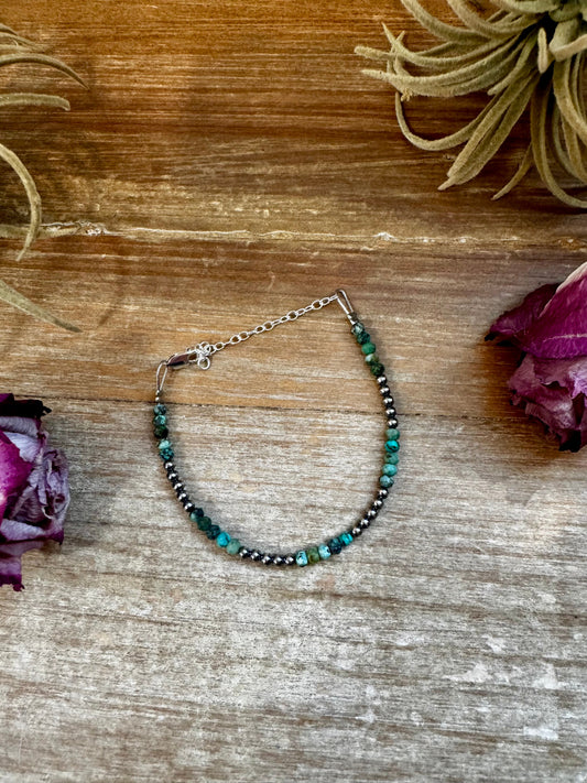 Sterling silver pearl bracelet with 3mm faceted African turquoise beads, handmade by The Bijoux FAB in the USA, 6" plus extender