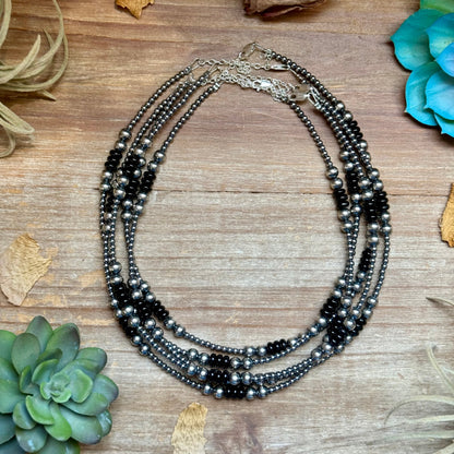 Sterling Silver Pearl & Black Onyx Necklace – 15" Plus Extender