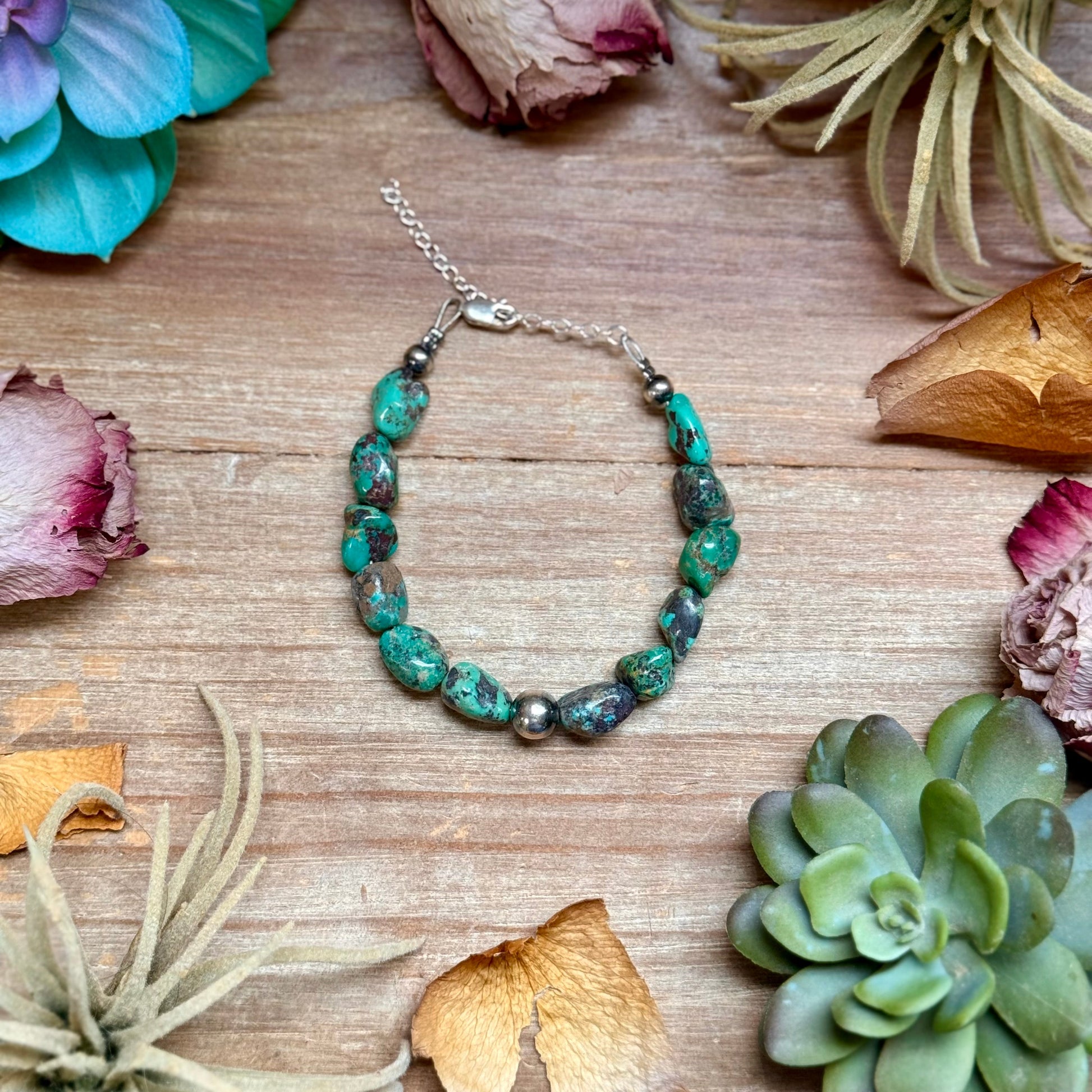 turquoise nugget bracelet with blue and green stones, 8mm sterling silver center pearls and 5mm accents, 7 inch with extender handmade in the USA