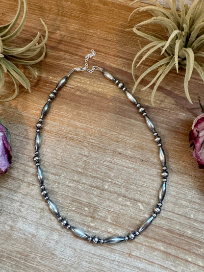 Sterling silver torpedo bead necklace with 4mm and 6mm pearls, handmade by The Bijoux FAB in the USA, 15" plus extender