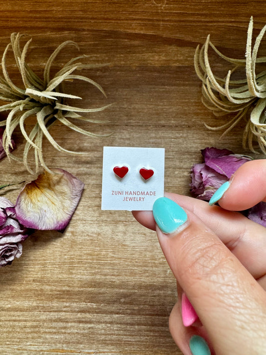 Mini red inlay heart stud earrings in sterling silver, Zuni made in the USA
