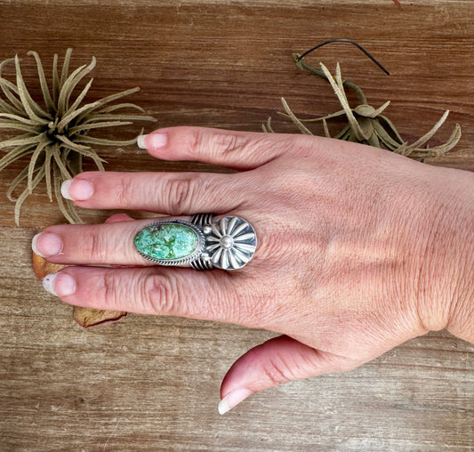 Sterling silver concho ring with green turquoise center, size 9, handmade by Navajo artist Boyd Ashley