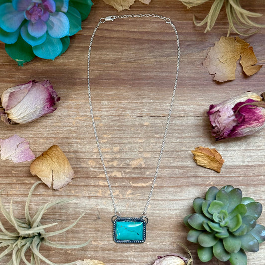 MJ turquoise bar necklace in sterling silver with 16 inch chain handmade in-house in the USA
