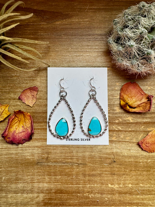 Long Dangle Earrings Hoop Turquoise & Sterling Silver