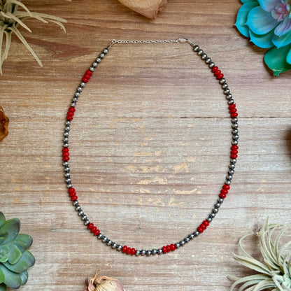 18-Inch Red Coral & Sterling Silver Pearl Necklace