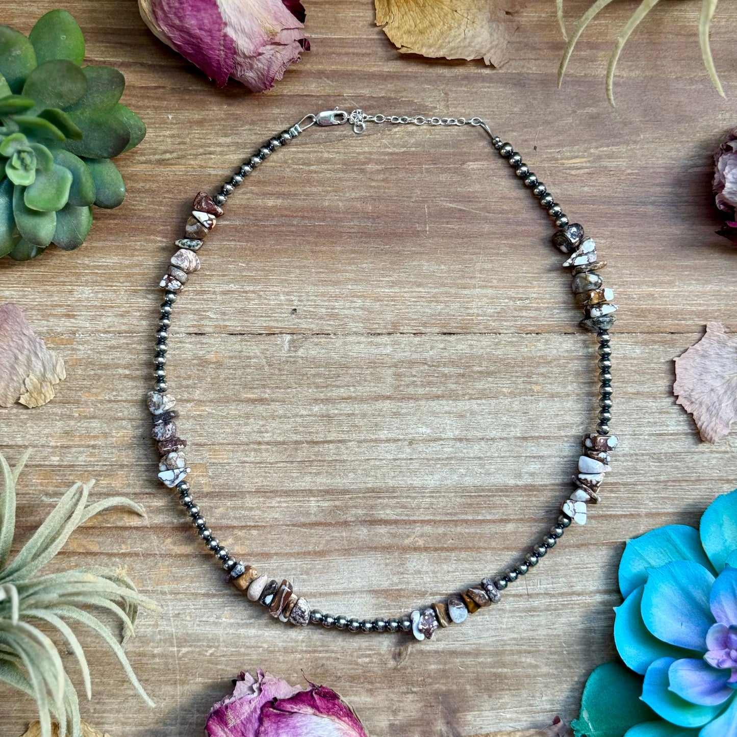 16 inch wild horse chip necklace with 4mm sterling silver pearls handmade in the USA by The Bijoux FAB