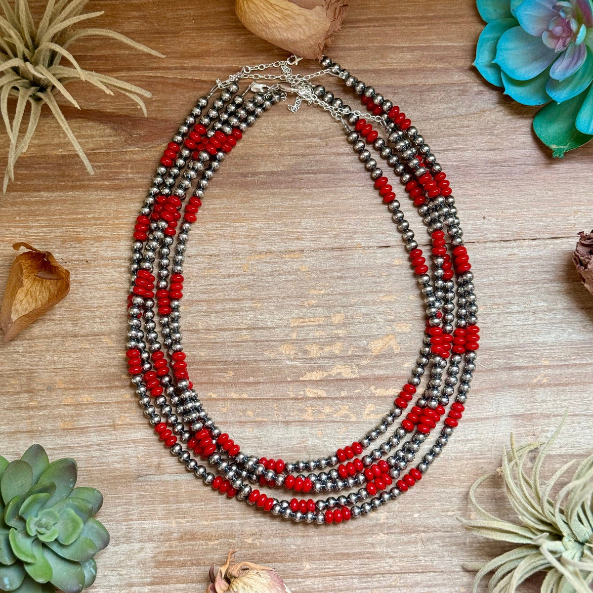 18-Inch Red Coral & Sterling Silver Pearl Necklace