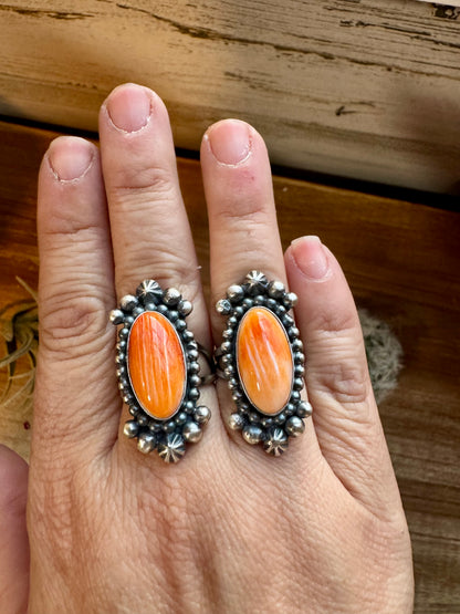 Long Ring - Pick your size - Orange spiny and sterling silver