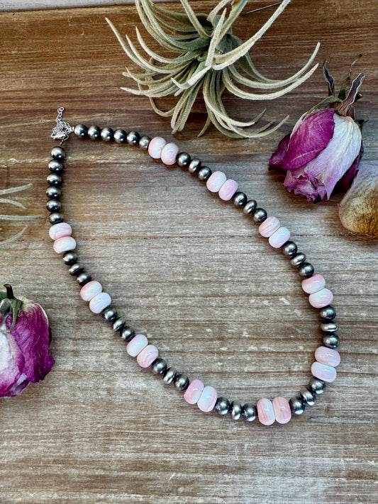 19-inch sterling silver pearl necklace with 10mm pink conch rondelles, handmade by The Bijoux FAB in the USA, NFR Collection