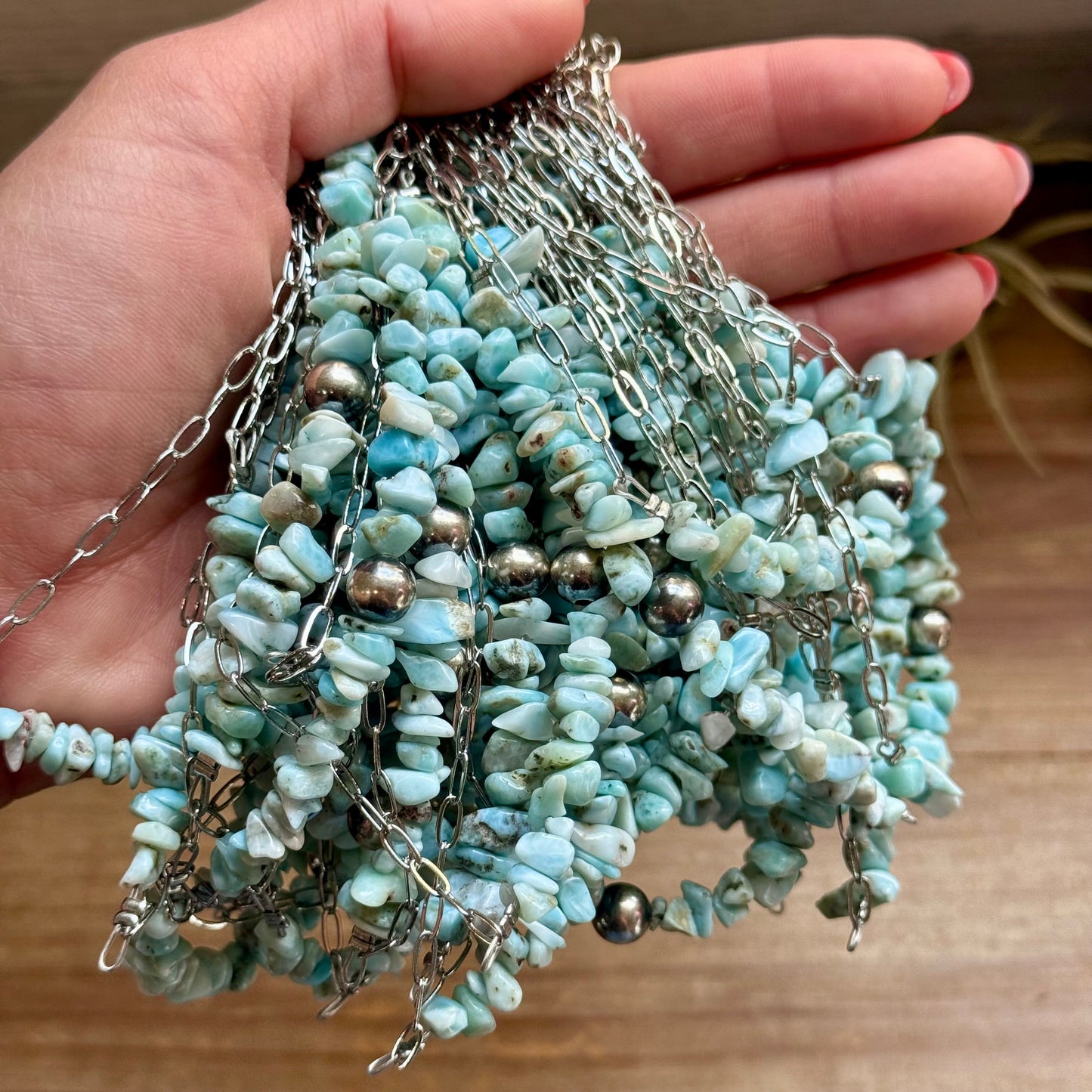 16” Larimar Chip Necklace – Sterling Silver & Paperclip Chain