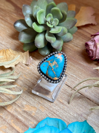MJ turquoise mohave and spiny oyster ring in sterling silver adjustable band handmade in-house in the USA