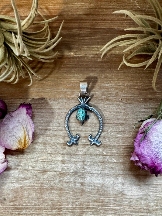 Sterling silver Naja pendant with turquoise center, stamped EL, Native made in the USA, fits 8mm pearls
