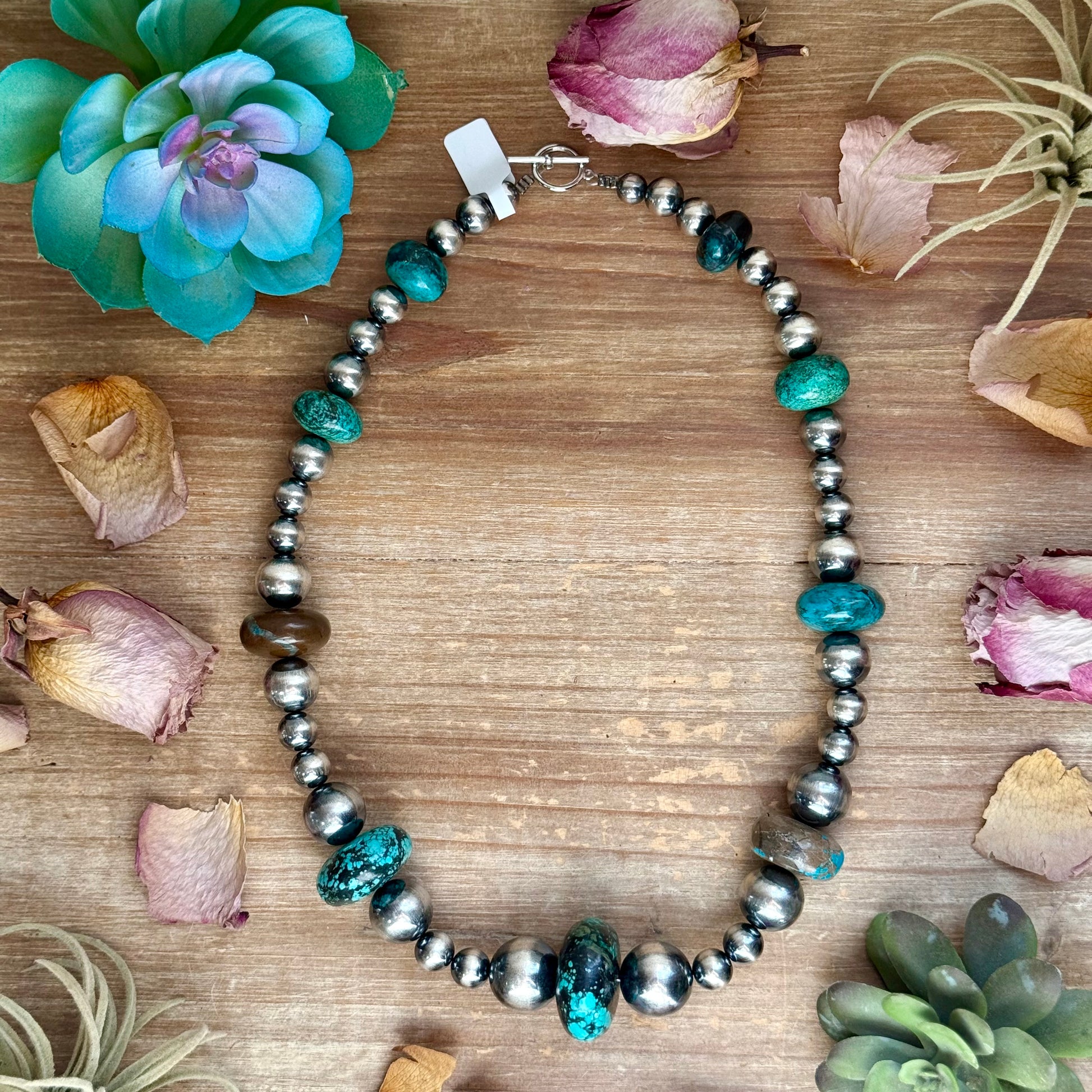 22 inch massive turquoise rondelle necklace with sterling silver pearls and non tarnish hook handmade by The Bijoux FAB