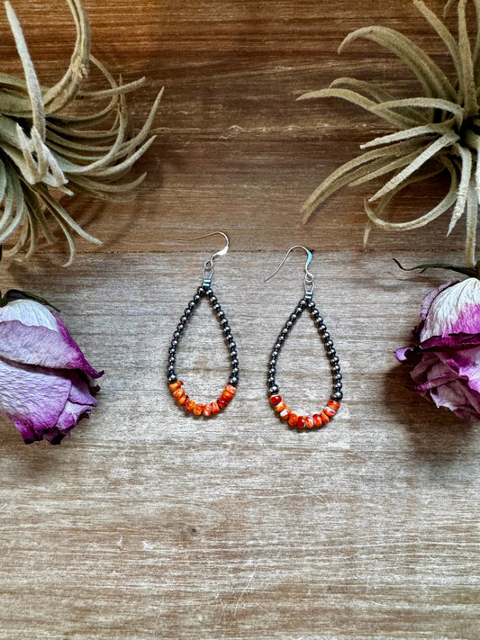 Sterling silver pearl earrings with orange spiny oyster bead centerpiece, handmade by The Bijoux FAB in the USA