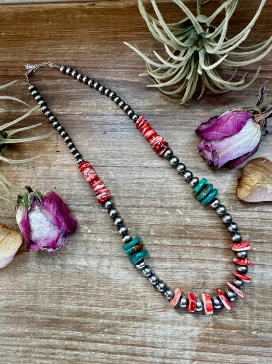 21-inch sterling silver pearl necklace with red spiny oyster and green turquoise, handmade by The Bijoux FAB in the USA, NFR Collection
