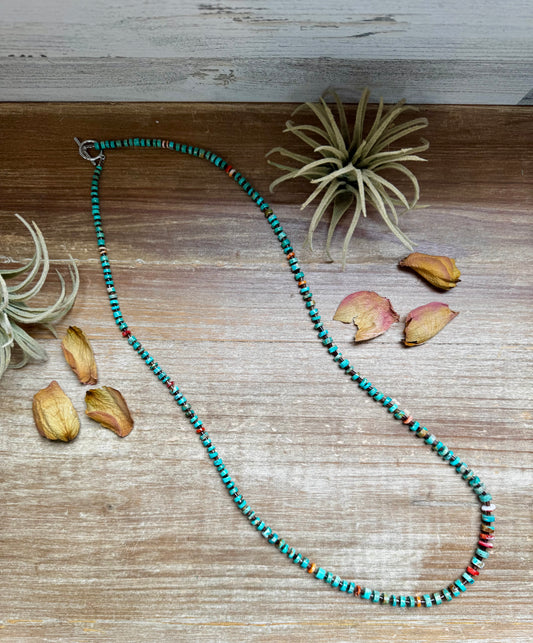 33-inch turquoise and spiny oyster necklace with natural brown shell spacers, made in the USA by The Bijoux FAB
