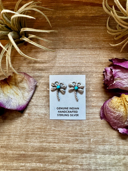 Sterling silver dragonfly earrings with Kingman turquoise center, Native made in the USA