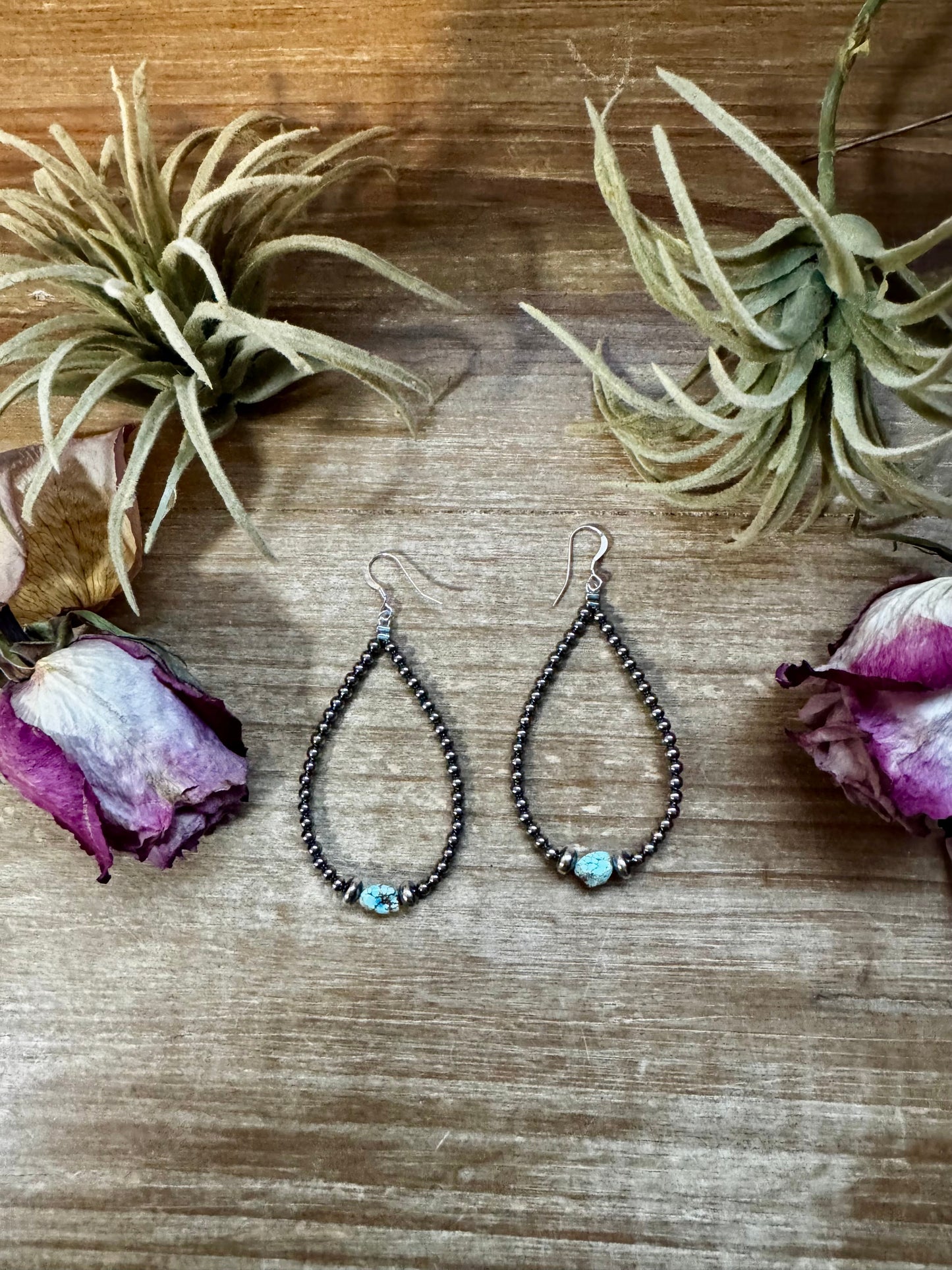 Sterling silver teardrop earrings with Golden Hill turquoise beads and 3mm/5mm pearls, handmade in the USA, 3 inches long