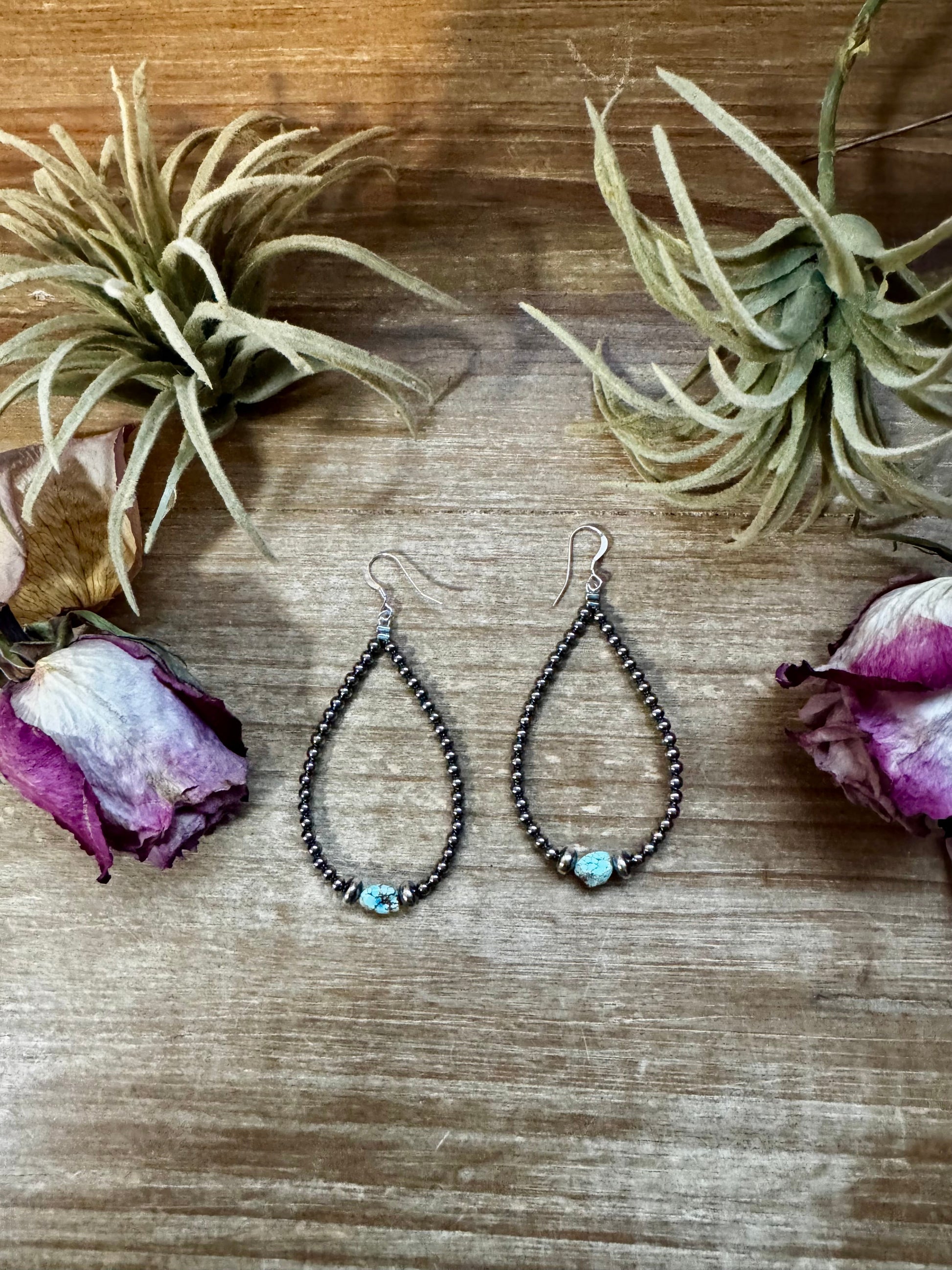 Sterling silver teardrop earrings with Golden Hill turquoise beads and 3mm/5mm pearls, handmade in the USA, 3 inches long