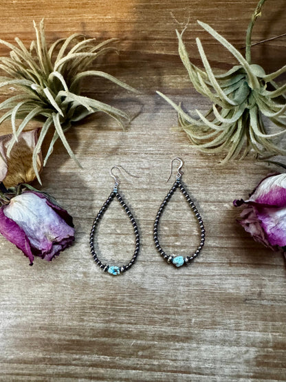 Sterling silver teardrop earrings with Golden Hill turquoise beads and 3mm/5mm pearls, handmade in the USA, 3 inches long