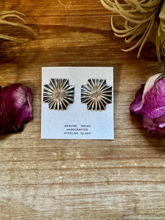 Sterling silver square cross stud earrings stamped with cactus design, handmade in the USA