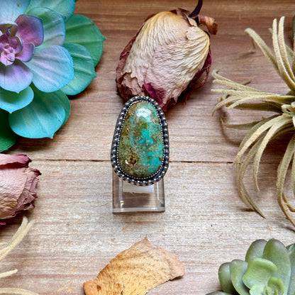 Long freeform green turquoise sterling silver adjustable ring with natural matrix handmade in the USA by The Bijoux FAB