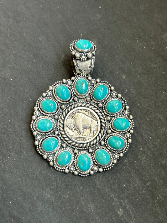 Sterling Silver Kingman Turquoise & Buffalo Nickel Cluster Pendant – Artist Shay Pfeiffer