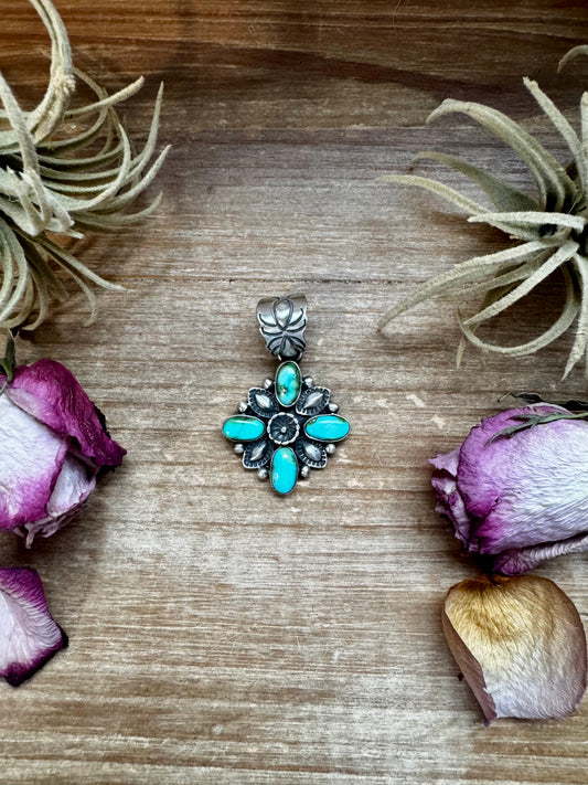 Sterling silver flower-style pendant with Sunderland gold accent, large bail fits 10mm pearls, handmade by Navajo artist Charles Johnson in the USA