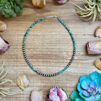 15 inch Heishi turquoise necklace with 4mm turquoise and 5mm sterling silver pearls handmade by The Bijoux FAB