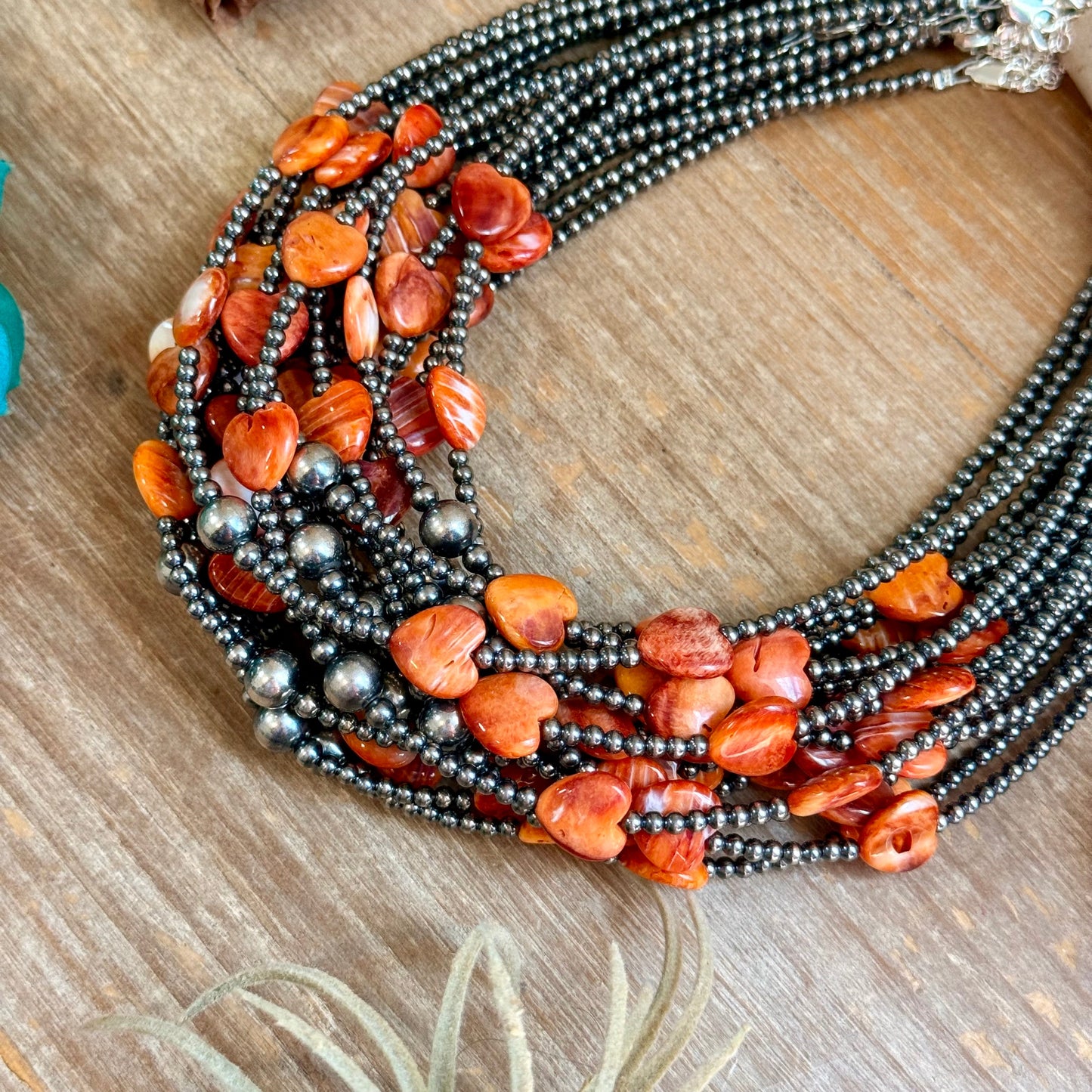 Orange/Red Shell Heart & Sterling Silver Pearl Necklace - 15 inch