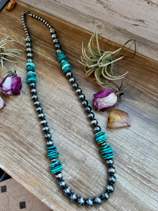 37-inch sterling silver pearl necklace with turquoise beads in blue and green shades, handmade by The Bijoux FAB in the USA, NFR Collection