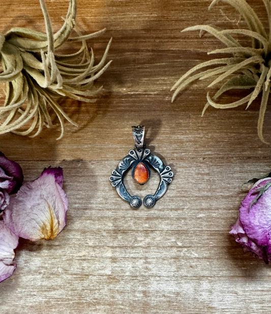 Sterling silver Naja pendant with orange and purple spiny oyster stone, stamped KB, Native made in the USA, fits 8mm pearls