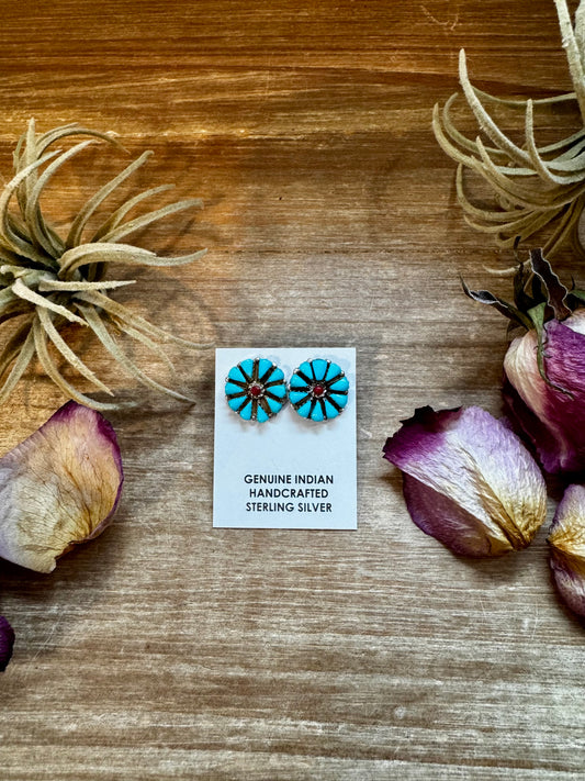 Sterling silver cluster stud earrings with blue magnesite turquoise and red accents, Native made in the USA