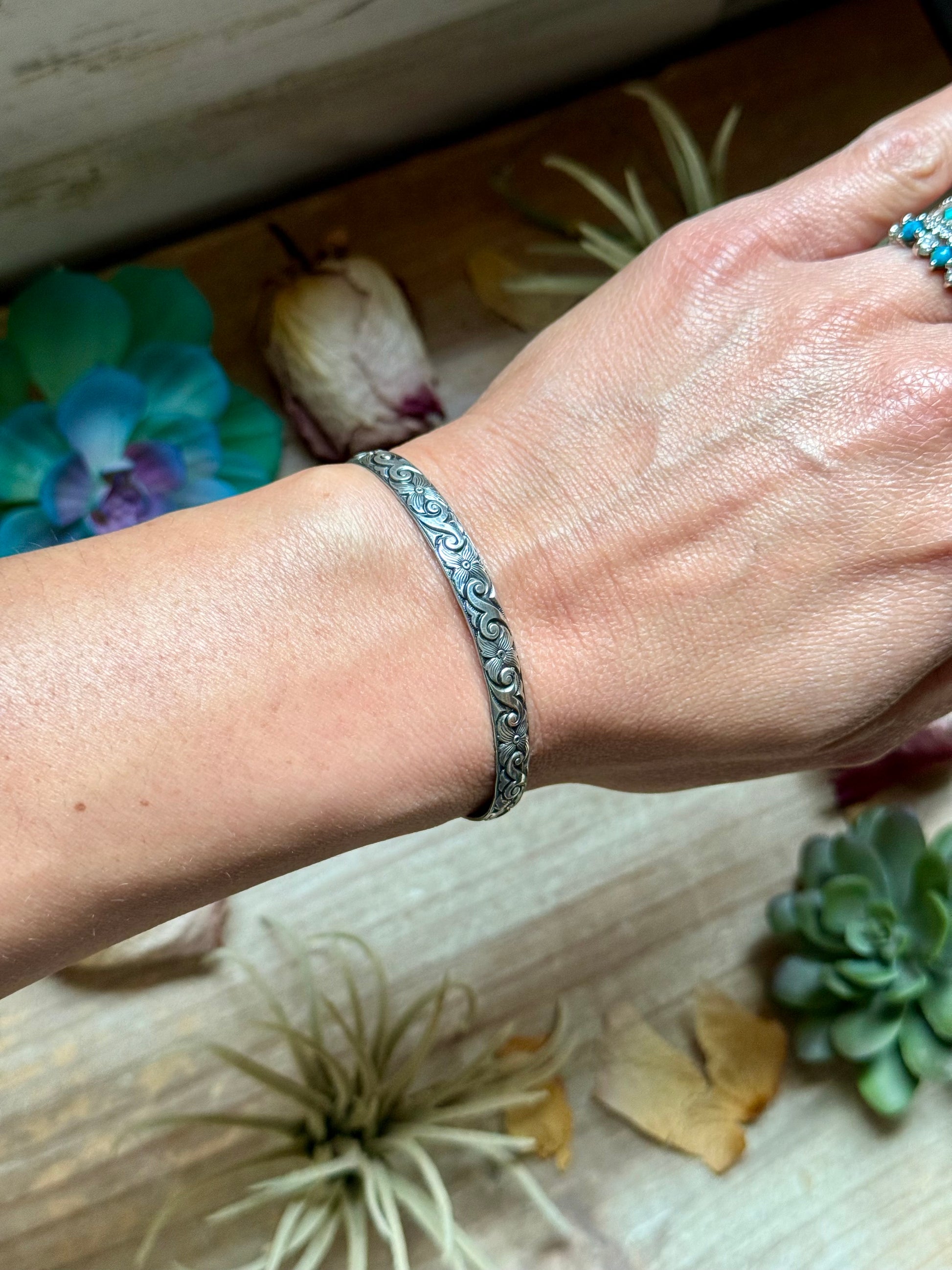 MJ sterling silver cuff bracelet flexible small wrist 5 inch 1.5 gap handmade USA jewelry