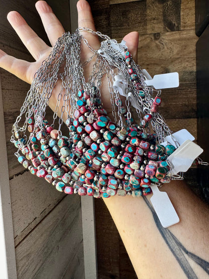 Paperclip Chain Necklace – 4mm Sterling Silver Pearls & Pink-Blue Sea Sediment – 16.5"